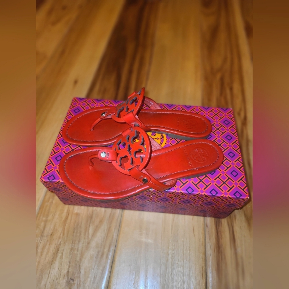 Tory Burch Designer Red Orange Miller Leather Sandals 7 - Picture 5 of 7